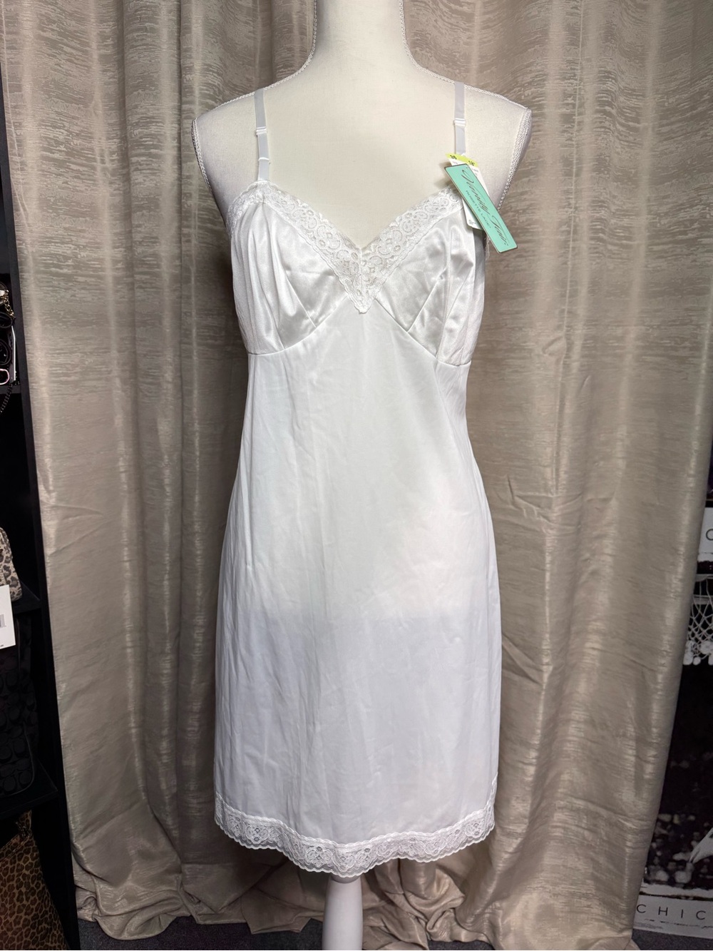 Vanity Fair White Lace-Trim Satin Slip